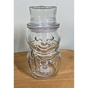 Vintage Glass Snowman Jar Clear Glass Holiday Container with Lid Libbey Mexico